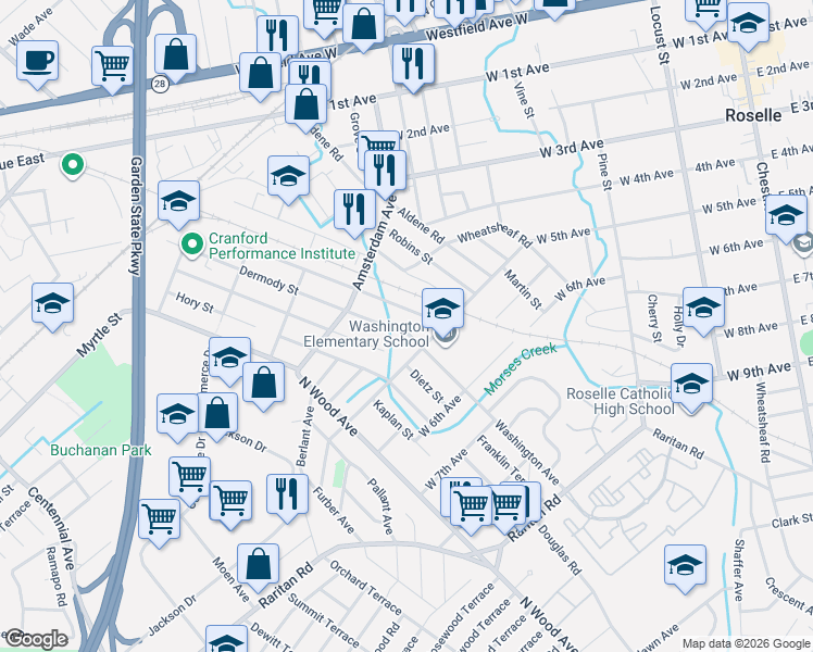 map of restaurants, bars, coffee shops, grocery stores, and more near 440 Cristiani Street in Roselle