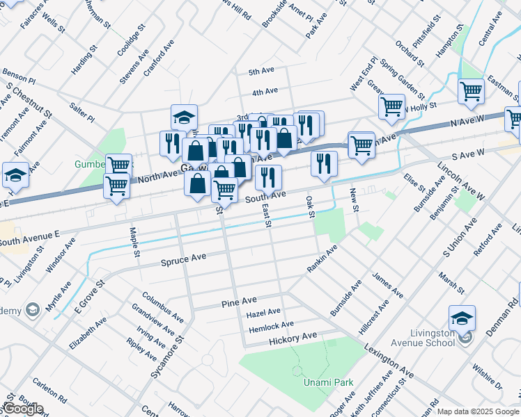 map of restaurants, bars, coffee shops, grocery stores, and more near 266 Willow Avenue in Garwood