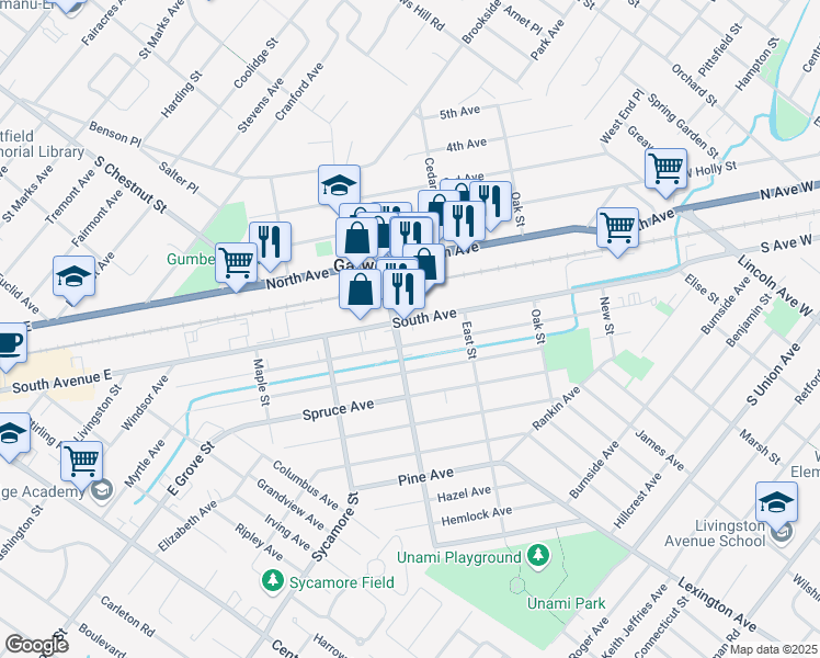 map of restaurants, bars, coffee shops, grocery stores, and more near 117 Center Street in Garwood