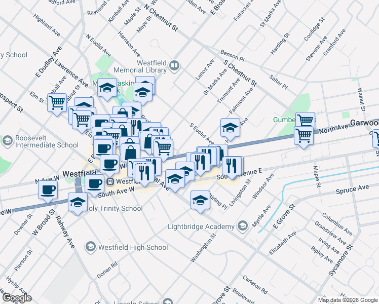 map of restaurants, bars, coffee shops, grocery stores, and more near in Westfield