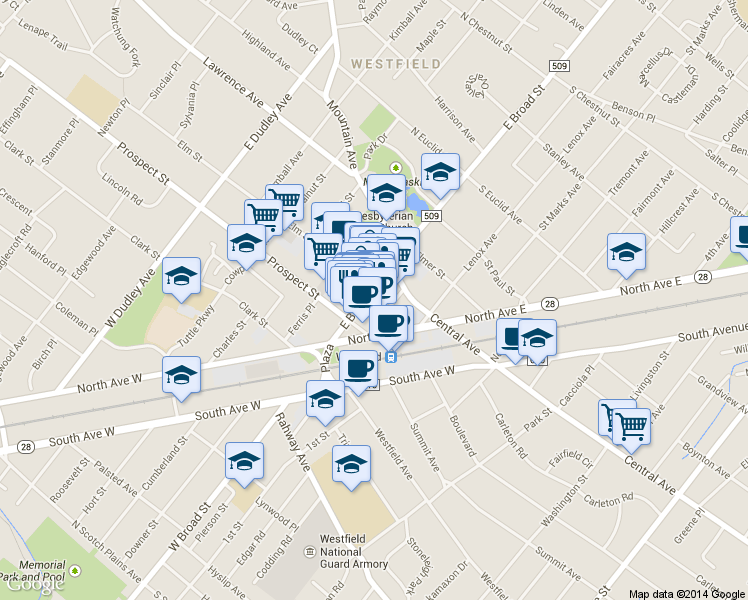 map of restaurants, bars, coffee shops, grocery stores, and more near 143 East Broad Street in Westfield