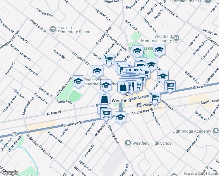 map of restaurants, bars, coffee shops, grocery stores, and more near 115 Ludlow Place in Westfield
