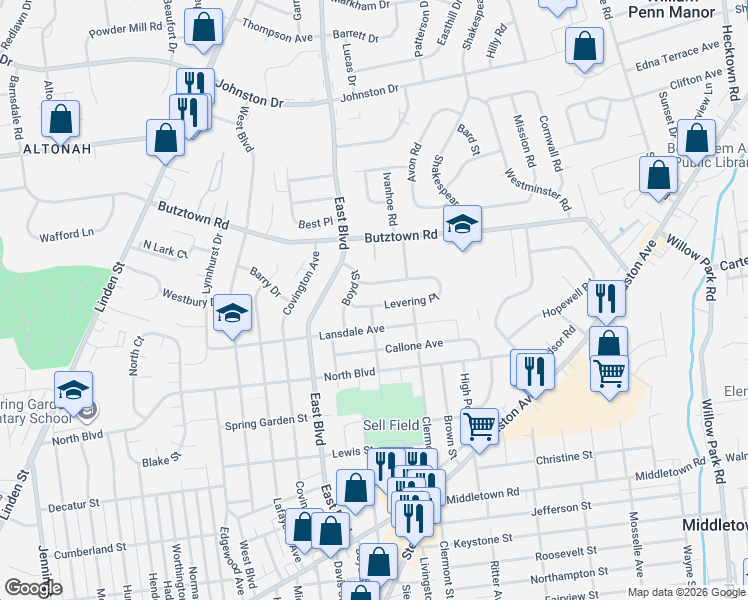 map of restaurants, bars, coffee shops, grocery stores, and more near 2652 Boyd Street in Bethlehem
