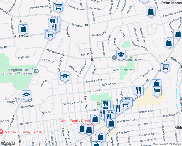 map of restaurants, bars, coffee shops, grocery stores, and more near 2654 East Boulevard in Bethlehem