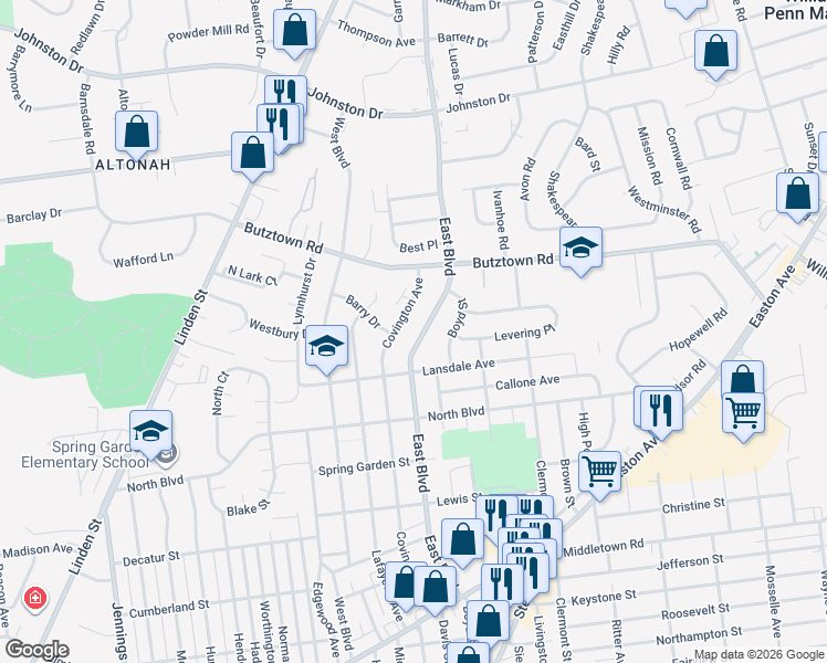 map of restaurants, bars, coffee shops, grocery stores, and more near 2654 East Boulevard in Bethlehem