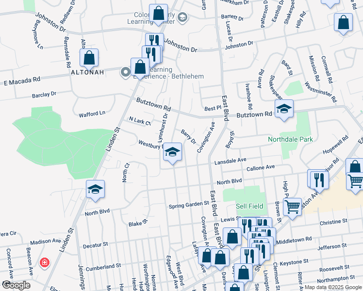 map of restaurants, bars, coffee shops, grocery stores, and more near 2649 Lafayette Avenue in Bethlehem