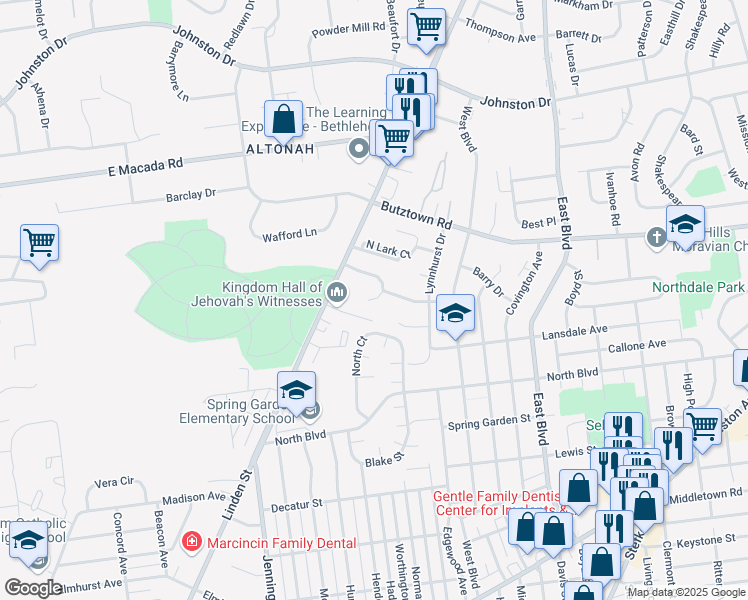 map of restaurants, bars, coffee shops, grocery stores, and more near 1045 Westbury Circle in Bethlehem