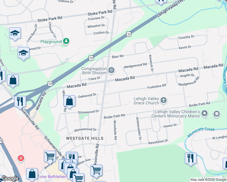 map of restaurants, bars, coffee shops, grocery stores, and more near 1140 Yorkshire Road in Bethlehem