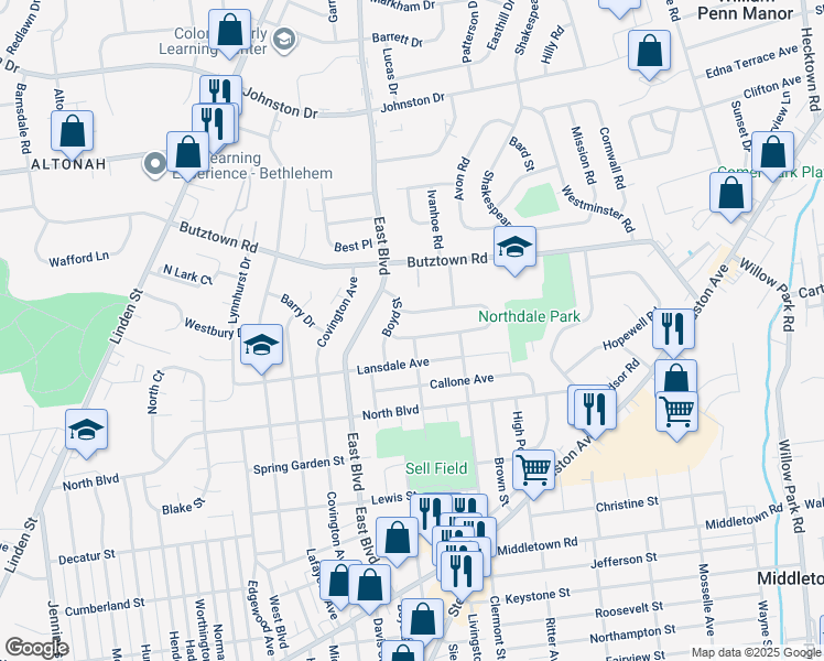 map of restaurants, bars, coffee shops, grocery stores, and more near 1525 Levering Place in Bethlehem
