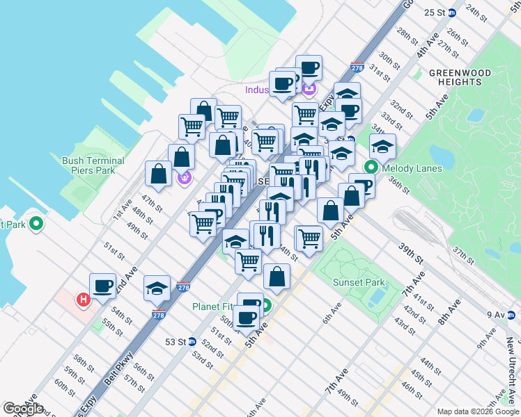 map of restaurants, bars, coffee shops, grocery stores, and more near 4313 3rd Avenue in Brooklyn