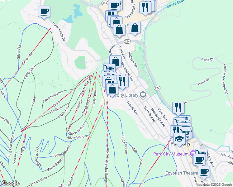 map of restaurants, bars, coffee shops, grocery stores, and more near 1325 Lowell Avenue in Park City