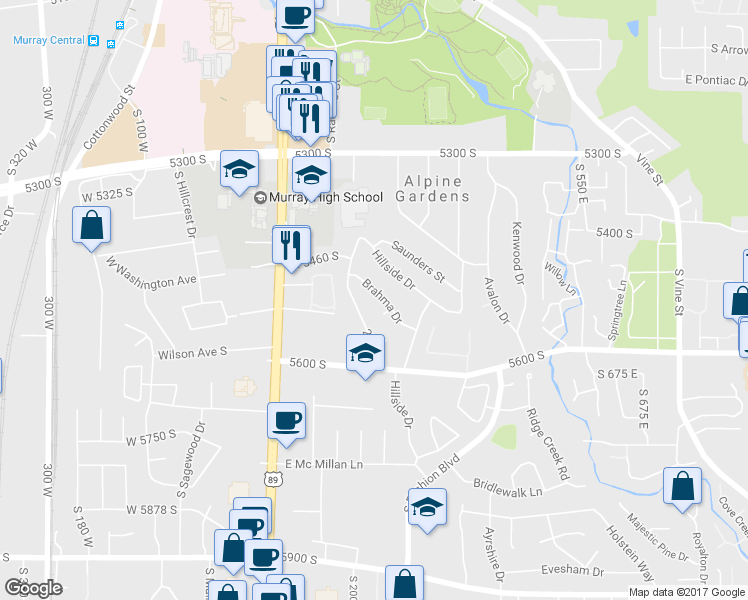 map of restaurants, bars, coffee shops, grocery stores, and more near 340 East Brahma Drive in Salt Lake City