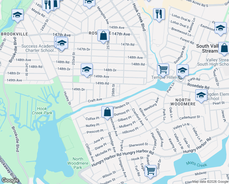 map of restaurants, bars, coffee shops, grocery stores, and more near 149-59 258th Street in Queens