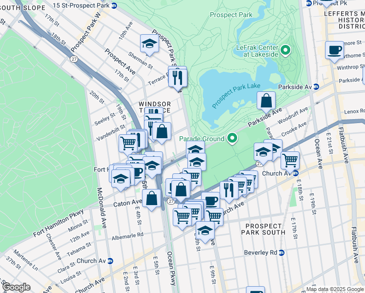 map of restaurants, bars, coffee shops, grocery stores, and more near 10 Ocean Parkway in Brooklyn