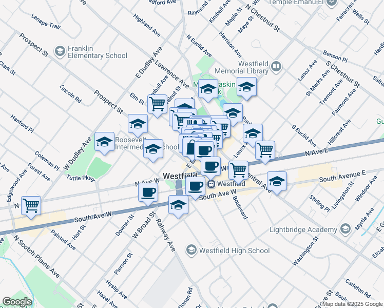map of restaurants, bars, coffee shops, grocery stores, and more near 143 East Broad Street in Westfield