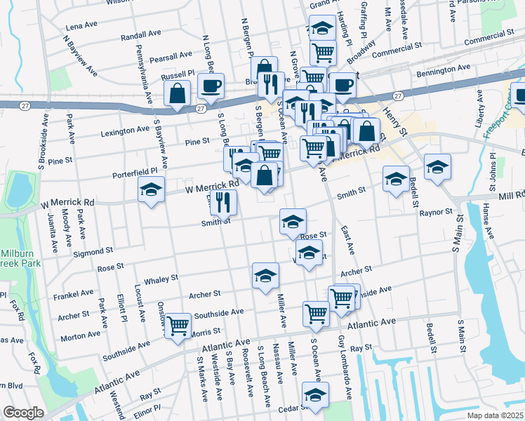 map of restaurants, bars, coffee shops, grocery stores, and more near 206 Smith Street in Freeport