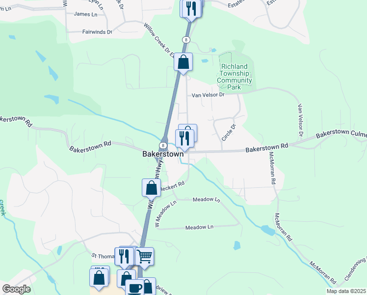 map of restaurants, bars, coffee shops, grocery stores, and more near in Bakerstown