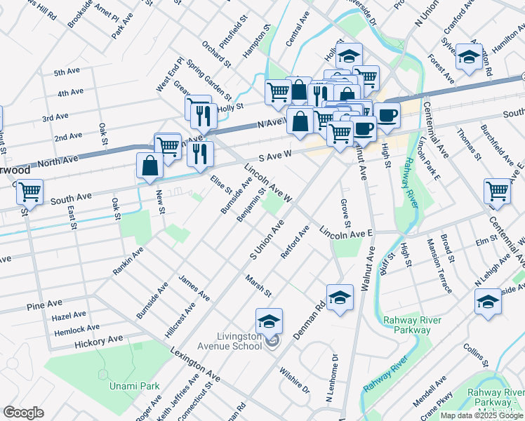 map of restaurants, bars, coffee shops, grocery stores, and more near 14 Hillcrest Avenue in Cranford