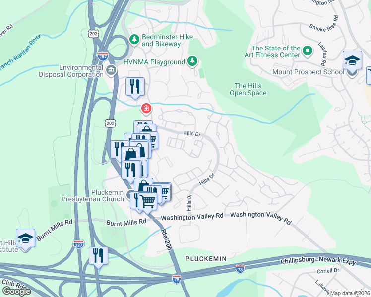 map of restaurants, bars, coffee shops, grocery stores, and more near 26 Crossfield Court in Bedminster