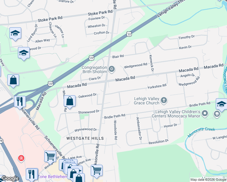 map of restaurants, bars, coffee shops, grocery stores, and more near 1140 Yorkshire Rd in Bethlehem