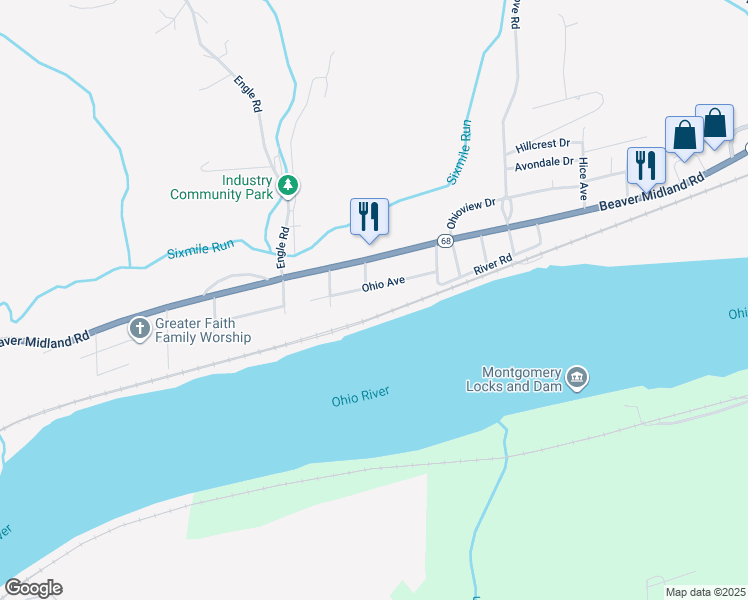 map of restaurants, bars, coffee shops, grocery stores, and more near 1523 Ohio Ave in Industry