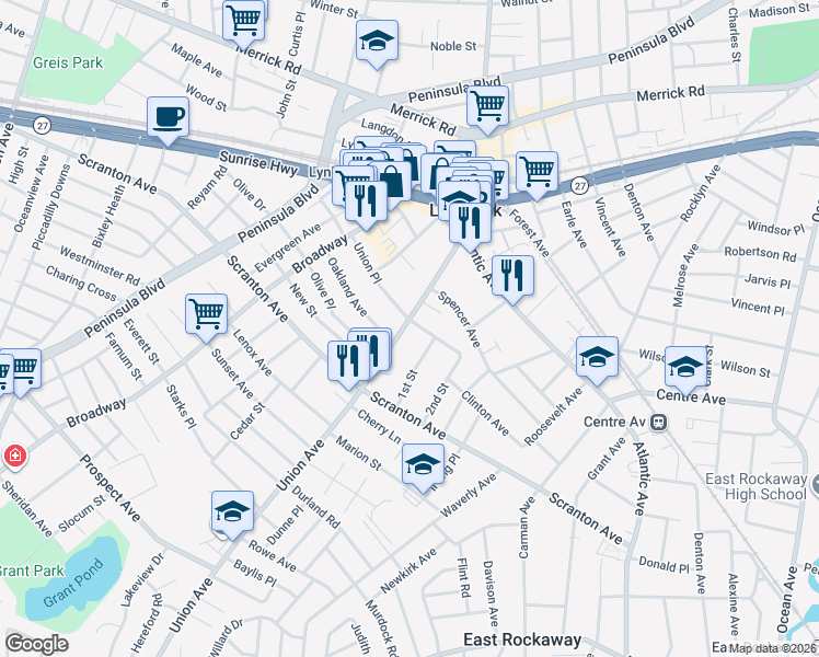 map of restaurants, bars, coffee shops, grocery stores, and more near 88 Union Place in Lynbrook
