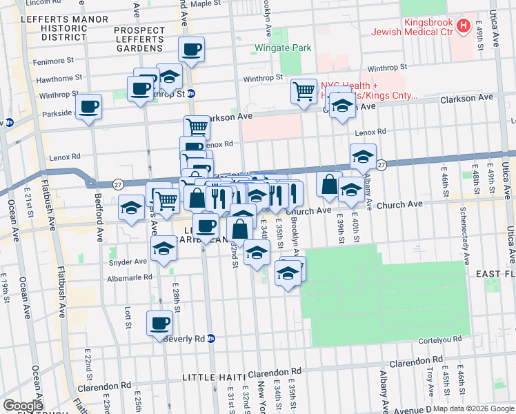 map of restaurants, bars, coffee shops, grocery stores, and more near 234 East 34th Street in Brooklyn