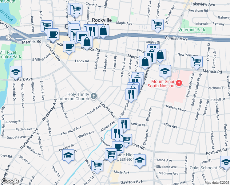 map of restaurants, bars, coffee shops, grocery stores, and more near 50 Rockville Avenue in Rockville Centre