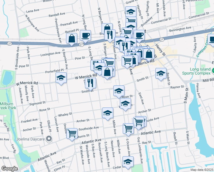 map of restaurants, bars, coffee shops, grocery stores, and more near 206 Smith Street in Freeport