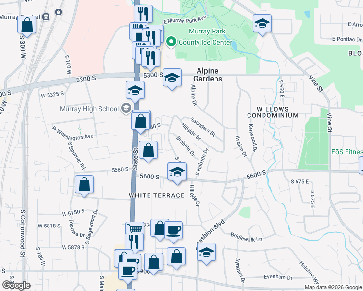 map of restaurants, bars, coffee shops, grocery stores, and more near 340 East Brahma Drive in Salt Lake City