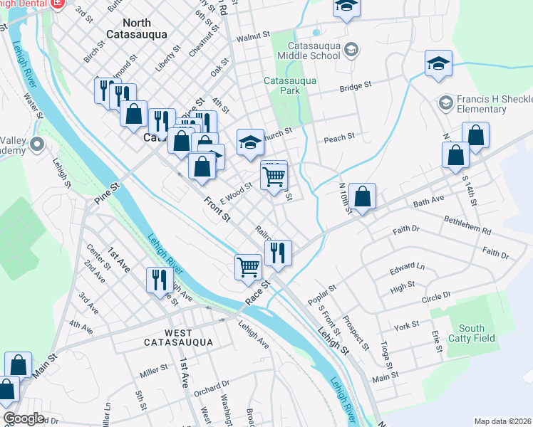 map of restaurants, bars, coffee shops, grocery stores, and more near in Catasauqua