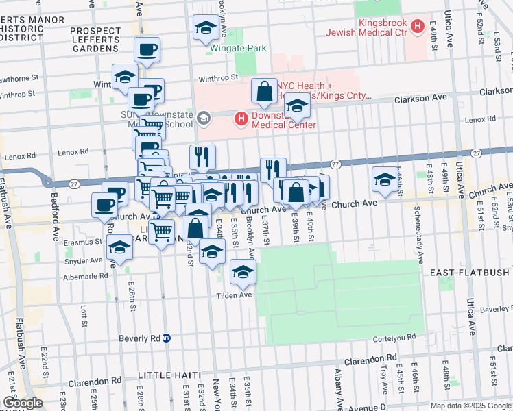 map of restaurants, bars, coffee shops, grocery stores, and more near 3611 Church Avenue in Brooklyn