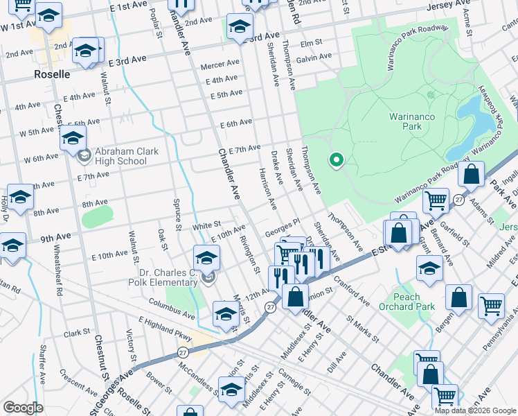 map of restaurants, bars, coffee shops, grocery stores, and more near 410 Morris Place in Roselle