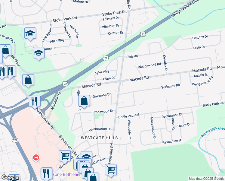 map of restaurants, bars, coffee shops, grocery stores, and more near 1270 Oakwood Drive in Bethlehem