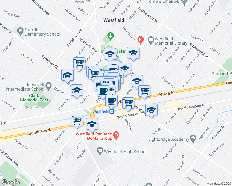 map of restaurants, bars, coffee shops, grocery stores, and more near 43 Elm Street in Westfield