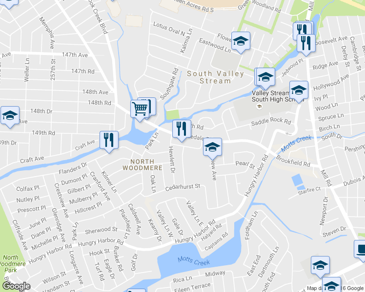 map of restaurants, bars, coffee shops, grocery stores, and more near 1036 Lawrence Ct in Valley Stream