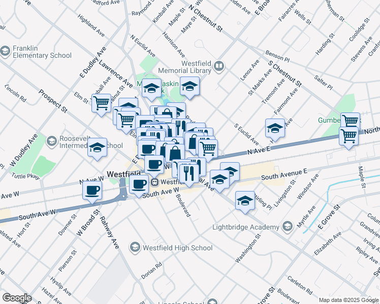 map of restaurants, bars, coffee shops, grocery stores, and more near 210 Elmer Street in Westfield
