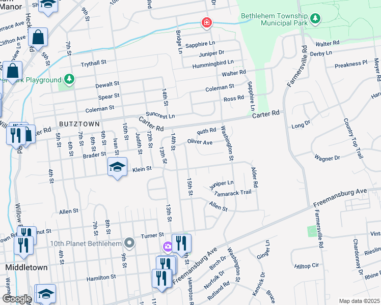 map of restaurants, bars, coffee shops, grocery stores, and more near 2434 15th Street in Bethlehem