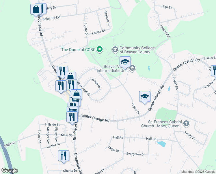 map of restaurants, bars, coffee shops, grocery stores, and more near 213 Sherwood Drive in Monaca