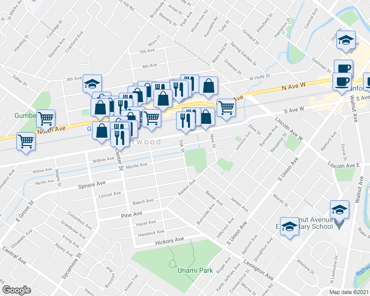 map of restaurants, bars, coffee shops, grocery stores, and more near 167 Willow Avenue in Garwood