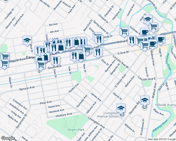 map of restaurants, bars, coffee shops, grocery stores, and more near 58 Myrtle Avenue in Garwood