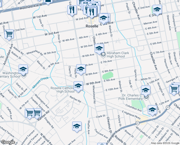 map of restaurants, bars, coffee shops, grocery stores, and more near 136 West 8th Avenue in Roselle