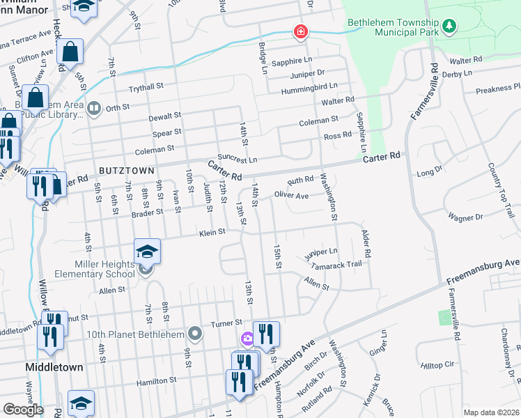 map of restaurants, bars, coffee shops, grocery stores, and more near 2430 14th Street in Bethlehem