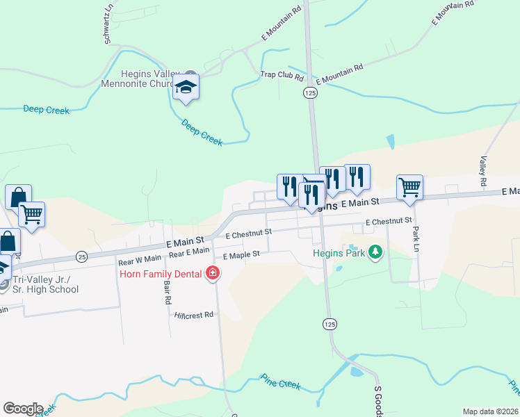 map of restaurants, bars, coffee shops, grocery stores, and more near 540 East Main Street in Hegins