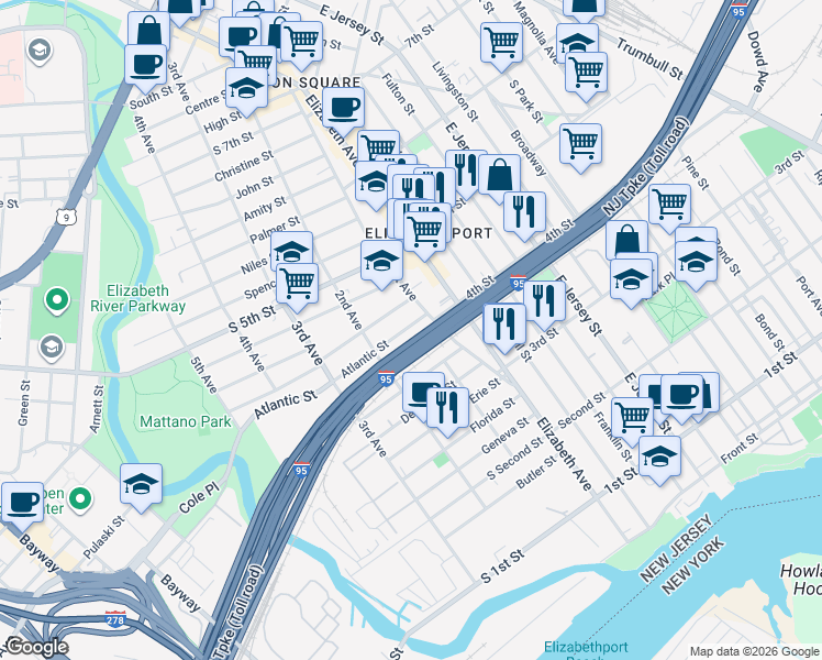 map of restaurants, bars, coffee shops, grocery stores, and more near 372 1st Avenue in Elizabeth