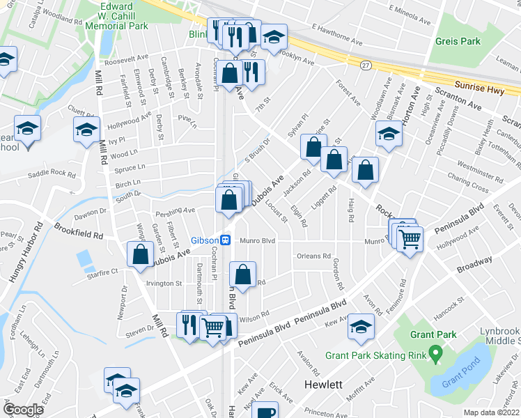 map of restaurants, bars, coffee shops, grocery stores, and more near 13 Carstairs Road in Valley Stream