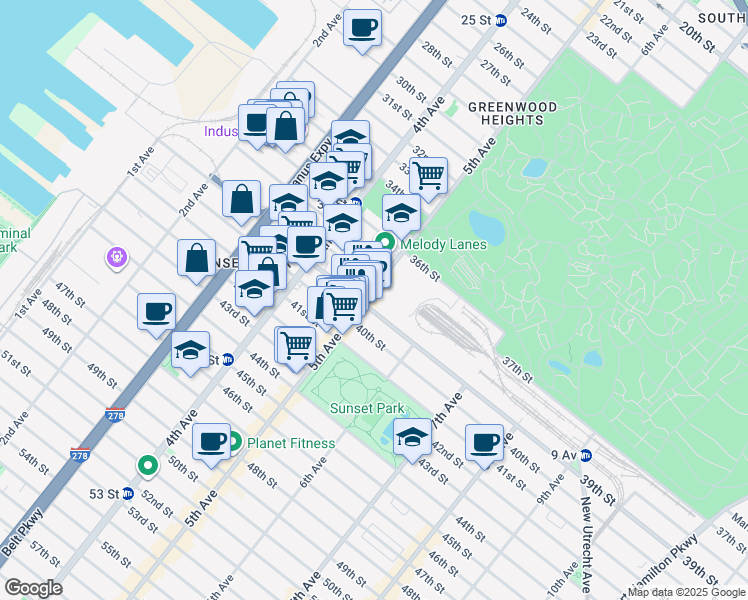 map of restaurants, bars, coffee shops, grocery stores, and more near 881 5th Avenue in Brooklyn