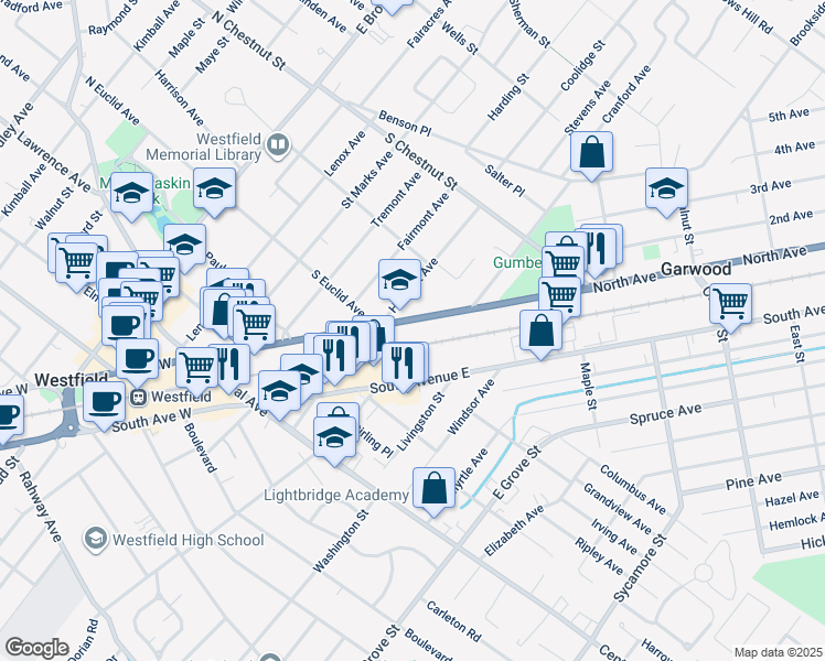 map of restaurants, bars, coffee shops, grocery stores, and more near 522 North Avenue East in Westfield