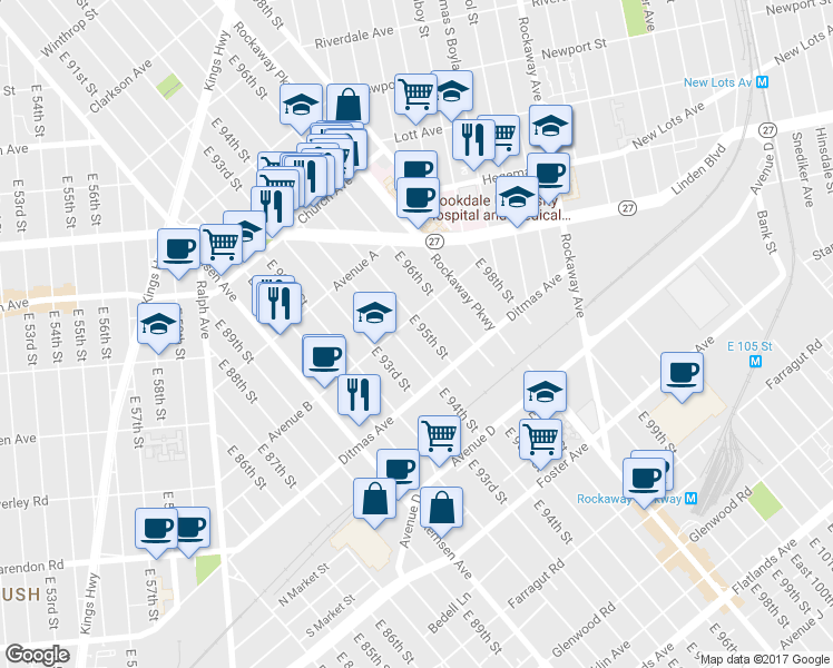 map of restaurants, bars, coffee shops, grocery stores, and more near 696 East 95th Street in Brooklyn