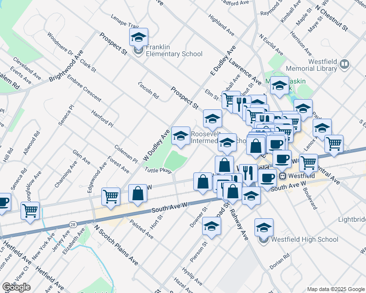 map of restaurants, bars, coffee shops, grocery stores, and more near 301 Clark Street in Westfield